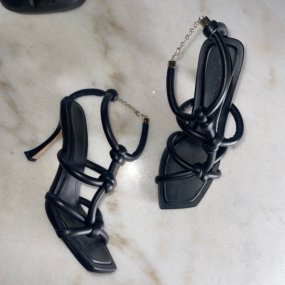 New Jimmy Choo Bay 90 Open Toe Sandal in Black Leather Womens 37.5 New NIB - Picture 12 of 17